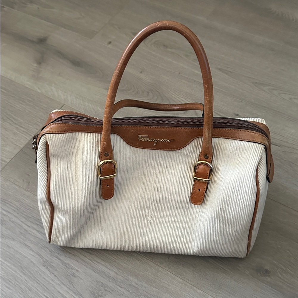 Salvatore Ferragamo Tan and Cream Shoulder Bag - Made in Italy